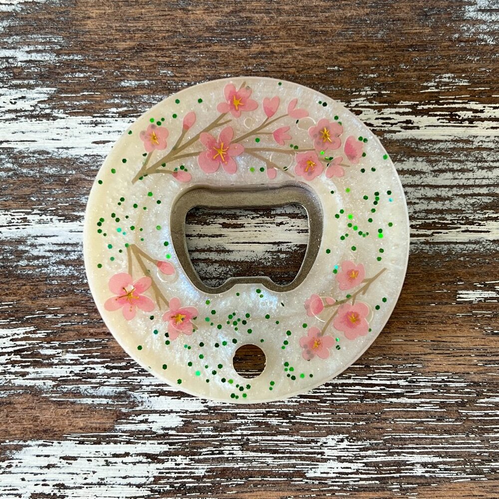 Cherry Blossoms Glitter Resin Bottle Opener with Fridge Magnet Bar Accessories